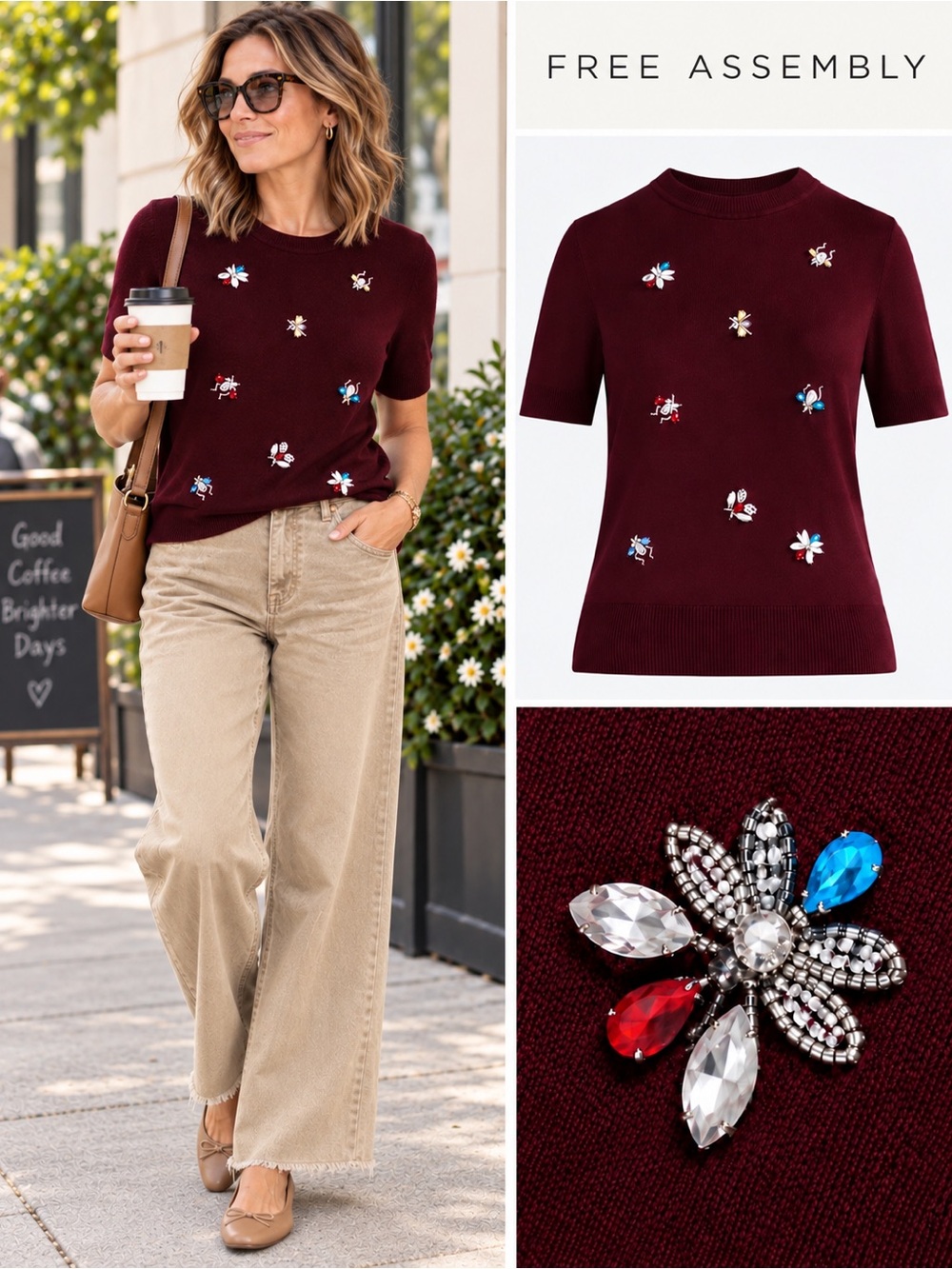 NWT Burgundy Short-Sleeve Embellished Sweater